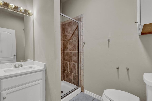 bathroom featuring tile patterned flooring, vanity, toilet, and a shower with door