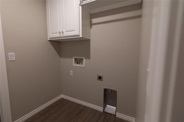 washroom featuring washer hookup, dark hardwood / wood-style floors, electric dryer hookup, and cabinets