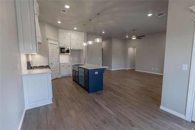 kitchen with stainless steel appliances, blue cabinetry, hardwood / wood-style floors, white cabinetry, and an island with sink