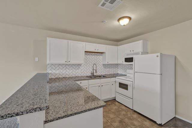 kitchen featuring kitchen peninsula, white cabinetry, sink, and white appliances