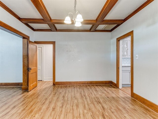 spare room with beam ceiling, light hardwood / wood-style floors, and coffered ceiling