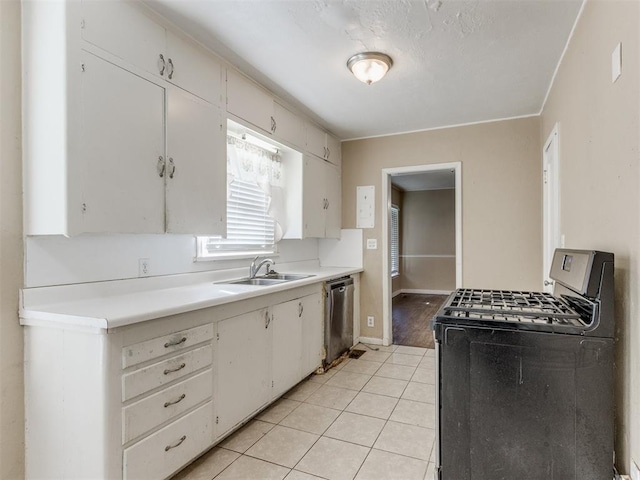 kitchen featuring white cabinetry, black gas stove, dishwasher, and sink