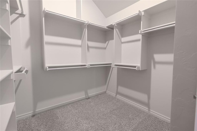 spacious closet featuring vaulted ceiling and carpet floors