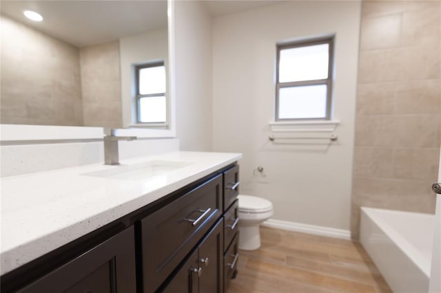 bathroom featuring vanity, wood-type flooring, and toilet