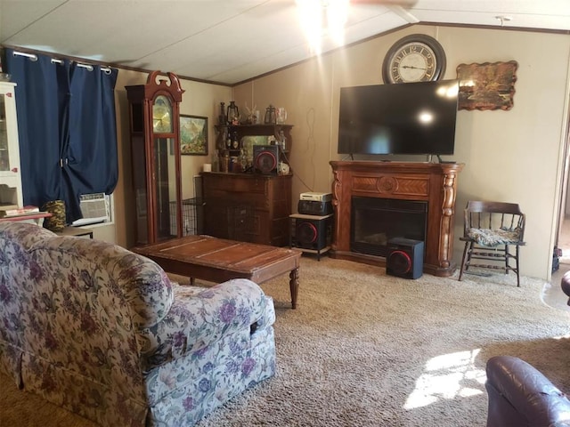 living room featuring light carpet and vaulted ceiling