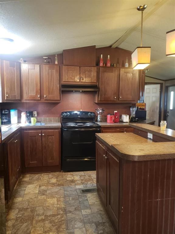 kitchen featuring decorative light fixtures, black range with electric cooktop, and lofted ceiling with beams