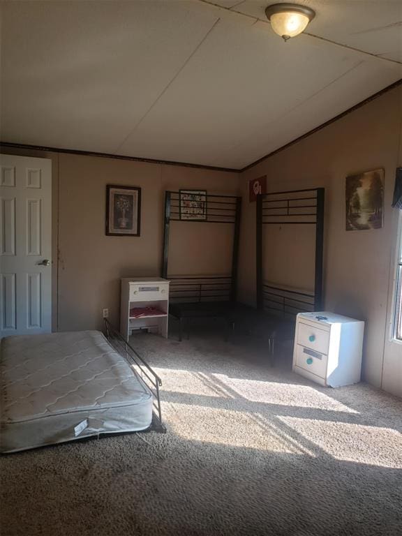 unfurnished bedroom featuring carpet and vaulted ceiling