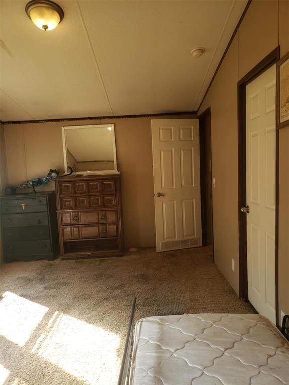 interior space with light carpet and vaulted ceiling