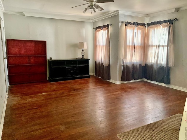 bedroom featuring ceiling fan, dark hardwood / wood-style flooring, and ornamental molding