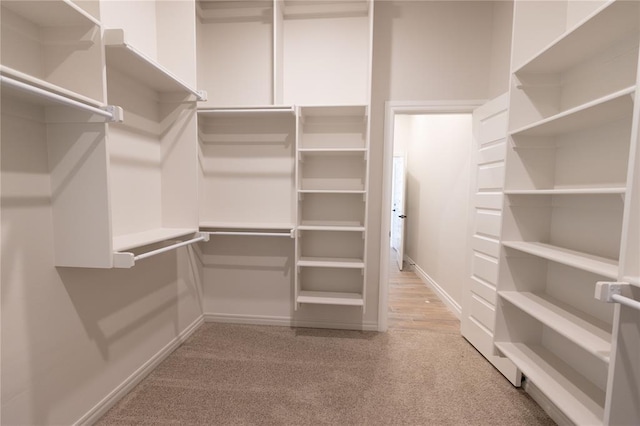 walk in closet featuring light colored carpet