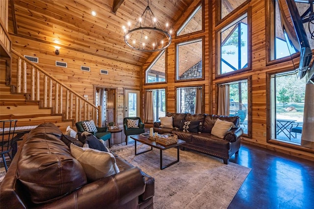 living room with a chandelier, high vaulted ceiling, wooden ceiling, and wood walls