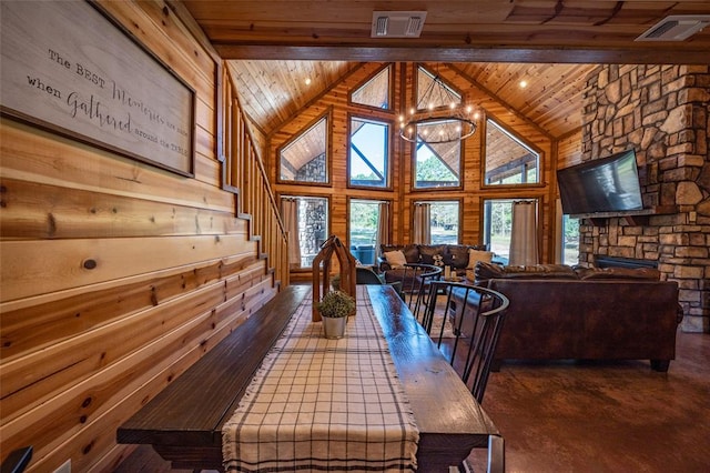 unfurnished dining area featuring wood ceiling, high vaulted ceiling, a notable chandelier, beamed ceiling, and wood walls