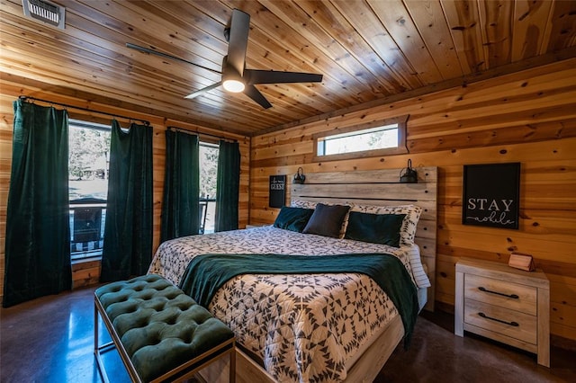 bedroom with ceiling fan, wooden walls, and wooden ceiling