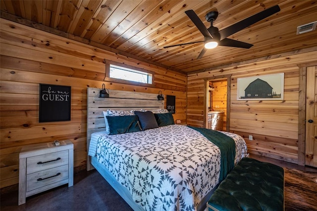 bedroom featuring ceiling fan, wood walls, and wood ceiling