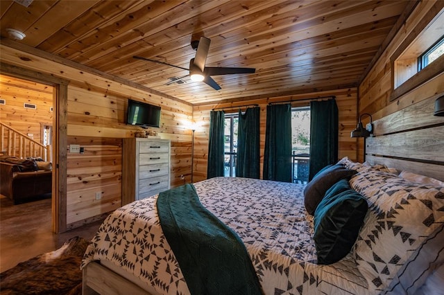 bedroom with access to outside, wooden walls, ceiling fan, and wood ceiling