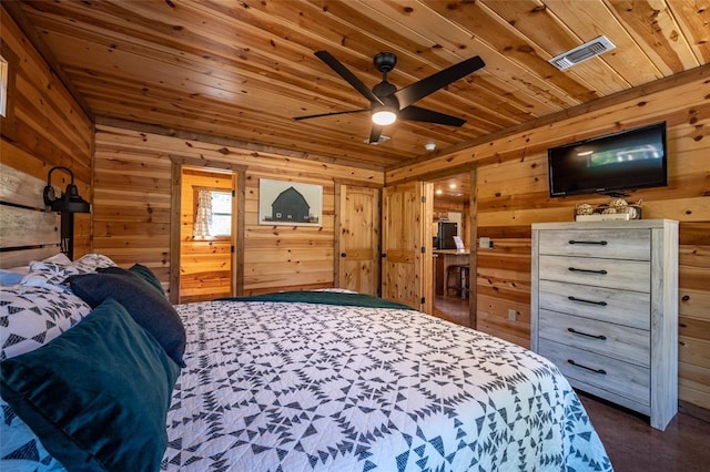 bedroom with ceiling fan, wooden walls, and wood ceiling