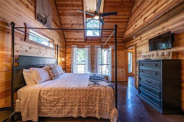 bedroom with dark hardwood / wood-style floors, high vaulted ceiling, and wood walls