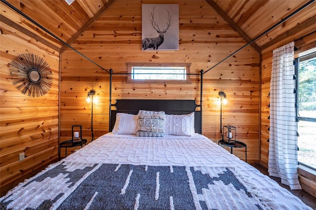 unfurnished bedroom featuring wooden walls, wood ceiling, and vaulted ceiling