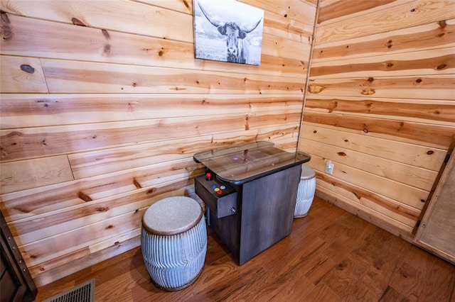 view of sauna with hardwood / wood-style floors