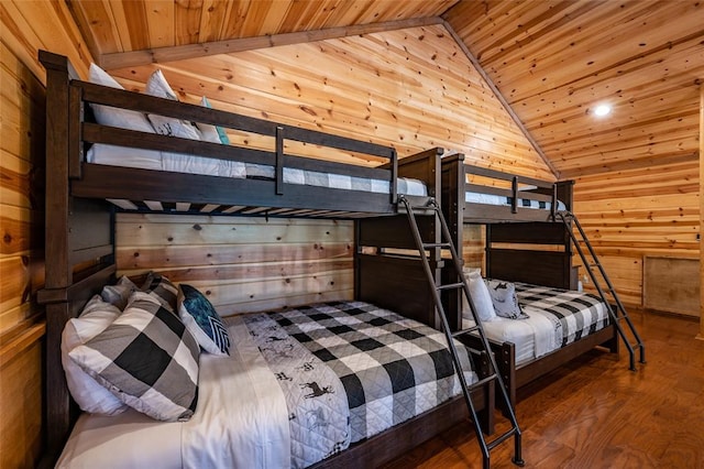 bedroom featuring hardwood / wood-style floors, lofted ceiling, wooden ceiling, and wood walls