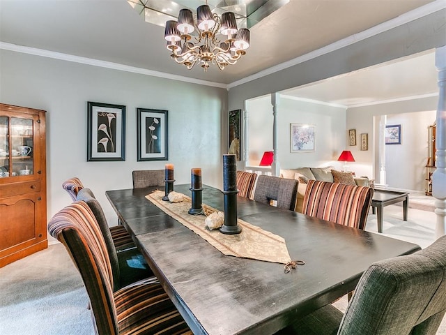 carpeted dining space featuring ornamental molding and a notable chandelier