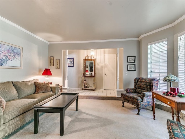 living room with crown molding and light carpet