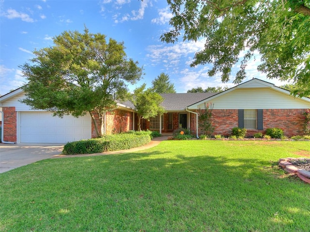 ranch-style home with a front lawn and a garage