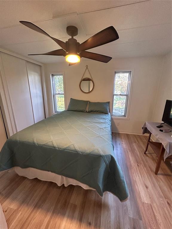 bedroom with hardwood / wood-style floors, multiple windows, and ceiling fan