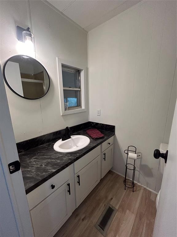 bathroom with hardwood / wood-style floors and vanity