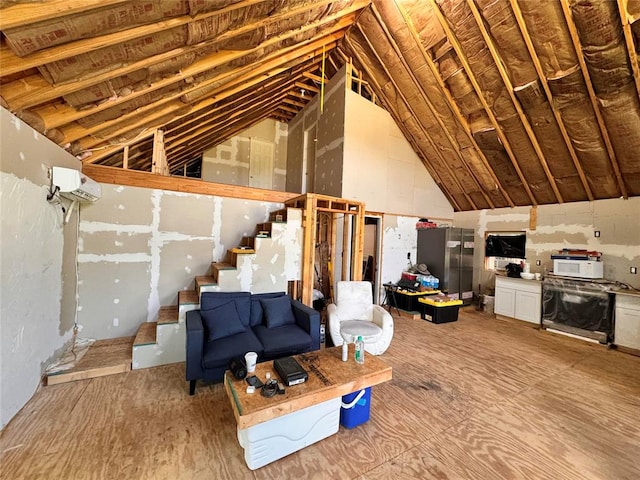 unfinished attic with a wall mounted air conditioner