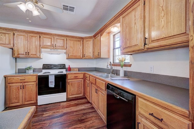 kitchen featuring dishwasher, sink, dark hardwood / wood-style floors, ceiling fan, and white range with electric stovetop