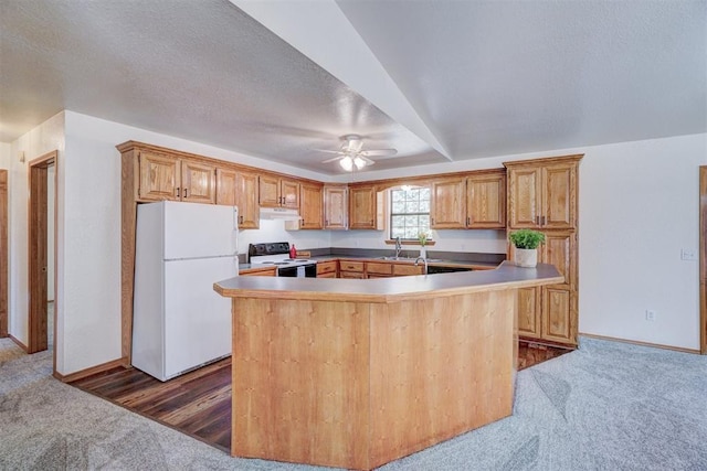 kitchen featuring dark colored carpet, white appliances, sink, and a textured ceiling