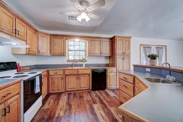 kitchen with white range with electric stovetop, dishwasher, dark wood-type flooring, and sink