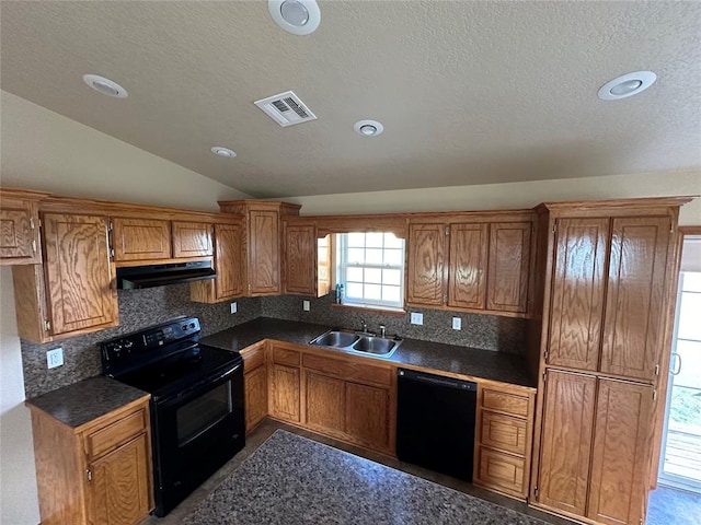 kitchen with backsplash, vaulted ceiling, sink, black appliances, and range hood