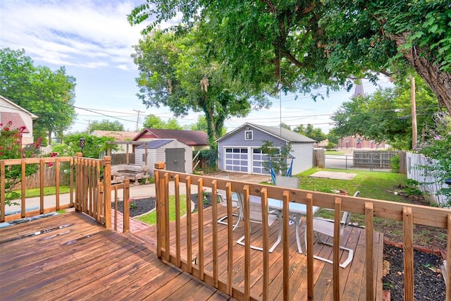 deck featuring a storage shed