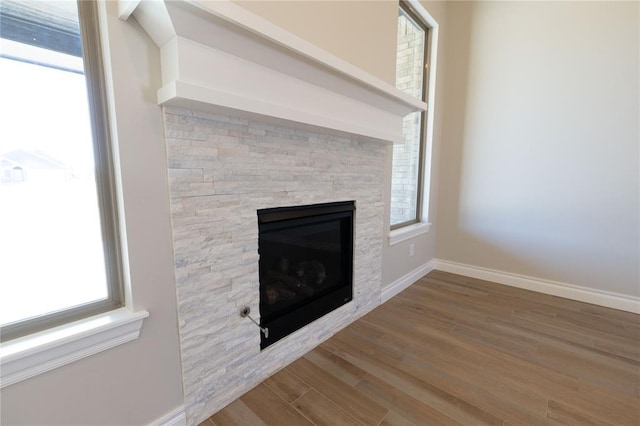 room details featuring a fireplace and wood-type flooring