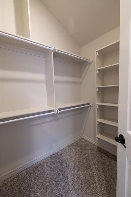 walk in closet with carpet flooring and vaulted ceiling