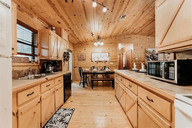 kitchen featuring wood walls, sink, lofted ceiling, and hanging light fixtures