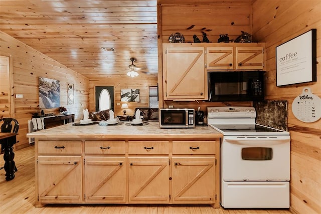 kitchen with light brown cabinets, white electric range oven, light hardwood / wood-style floors, wooden walls, and wood ceiling