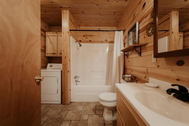 full bathroom with washer / clothes dryer, wood walls, and wooden ceiling