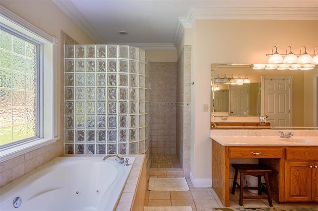 bathroom featuring vanity, plus walk in shower, a healthy amount of sunlight, and ornamental molding