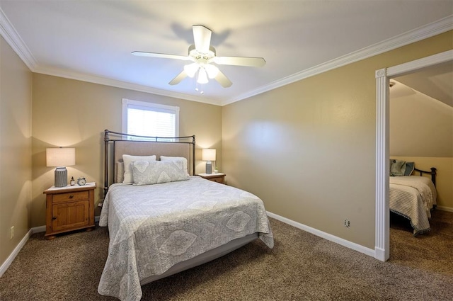 carpeted bedroom with ceiling fan and ornamental molding