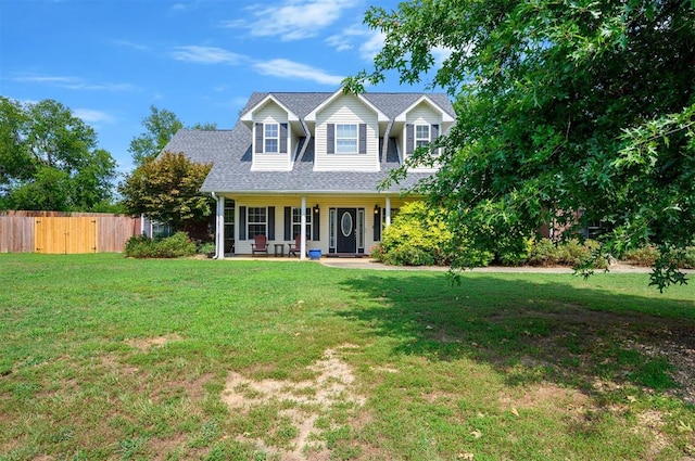 cape cod house with a front lawn and covered porch