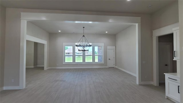 1425 W Harvard Way, Mustang, OK 73064 - unfurnished dining area with a chandelier, baseboards, light wood-style flooring, and recessed lighting