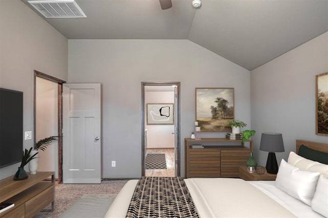 bedroom with light colored carpet, ceiling fan, and lofted ceiling