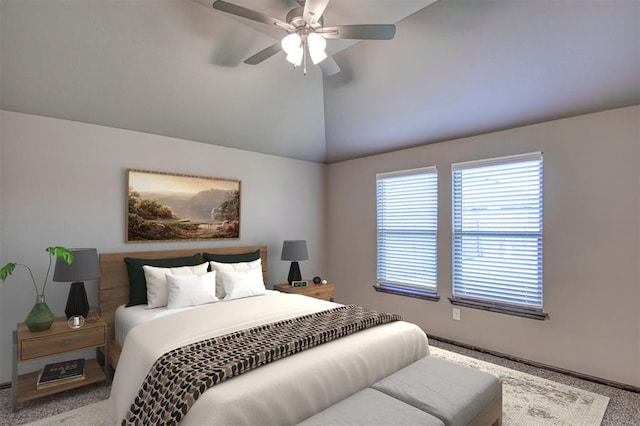 bedroom featuring ceiling fan, lofted ceiling, and carpet floors