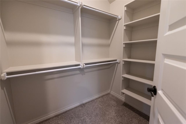 walk in closet featuring dark carpet