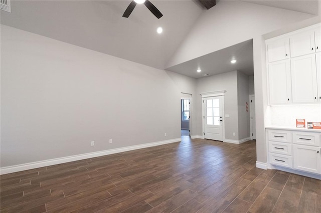 1733 Taines Turn, Norman, OK 73072 - interior space featuring beamed ceiling, high vaulted ceiling, dark wood-type flooring, a ceiling fan, and baseboards