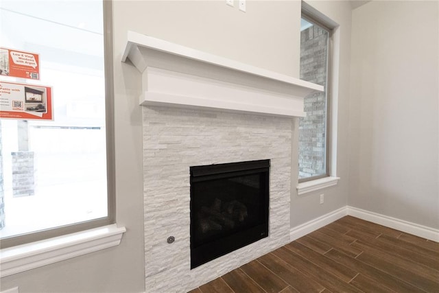 1733 Taines Turn, Norman, OK 73072 - details with a stone fireplace, baseboards, and wood finished floors