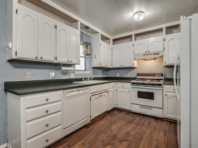 kitchen featuring white cabinets, dark hardwood / wood-style flooring, white appliances, and sink